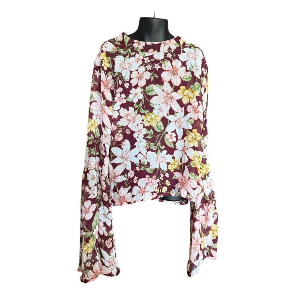 Brand New UpsnDowns Ups N Downs Floral Print Semi-Sheer Bell Sleeve Crop Top - S